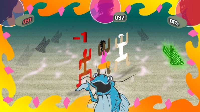 A whimsical scene with a cartoon blue catfish in sunglasses at the center. Stylized human figures in red, brown, and white dance behind it. Bright orange, yellow, and pink patterns frame the image. Three digital score counters appear at the top. Concept art by Phoenix Pheasant / Phoenix Pleasant.