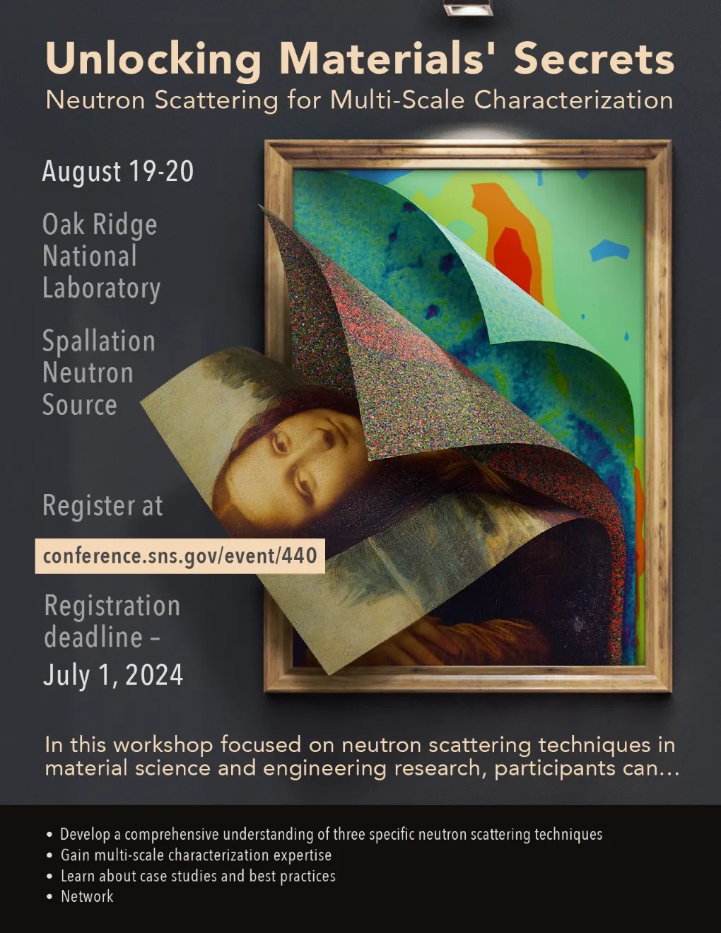 A poster for a workshop called Unlocking Materials Secrets shows a framed image of the Mona Lisa with layers peeled back to reveal colorful abstract patterns. Event details and registration info are listed on the left side. Poster design by Phoenix Pheasant / Phoenix Pleasant.