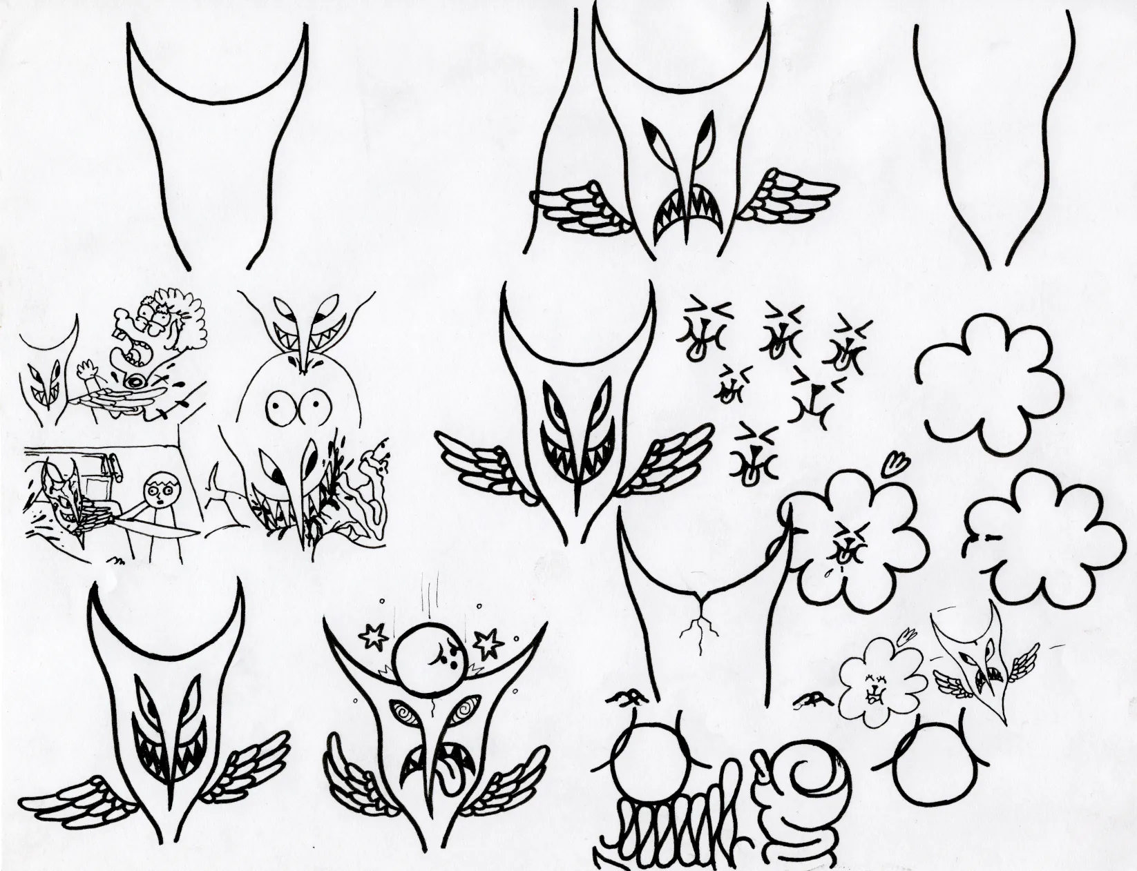 A black-and-white sketch sheet shows a horned, winged mask motif being developed step-by-step, surrounded by doodles of flowers, clouds, faces, and whimsical creatures in various stages of completion and artistic experimentation. Sketches by Phoenix Pheasant / Phoenix Pleasant.