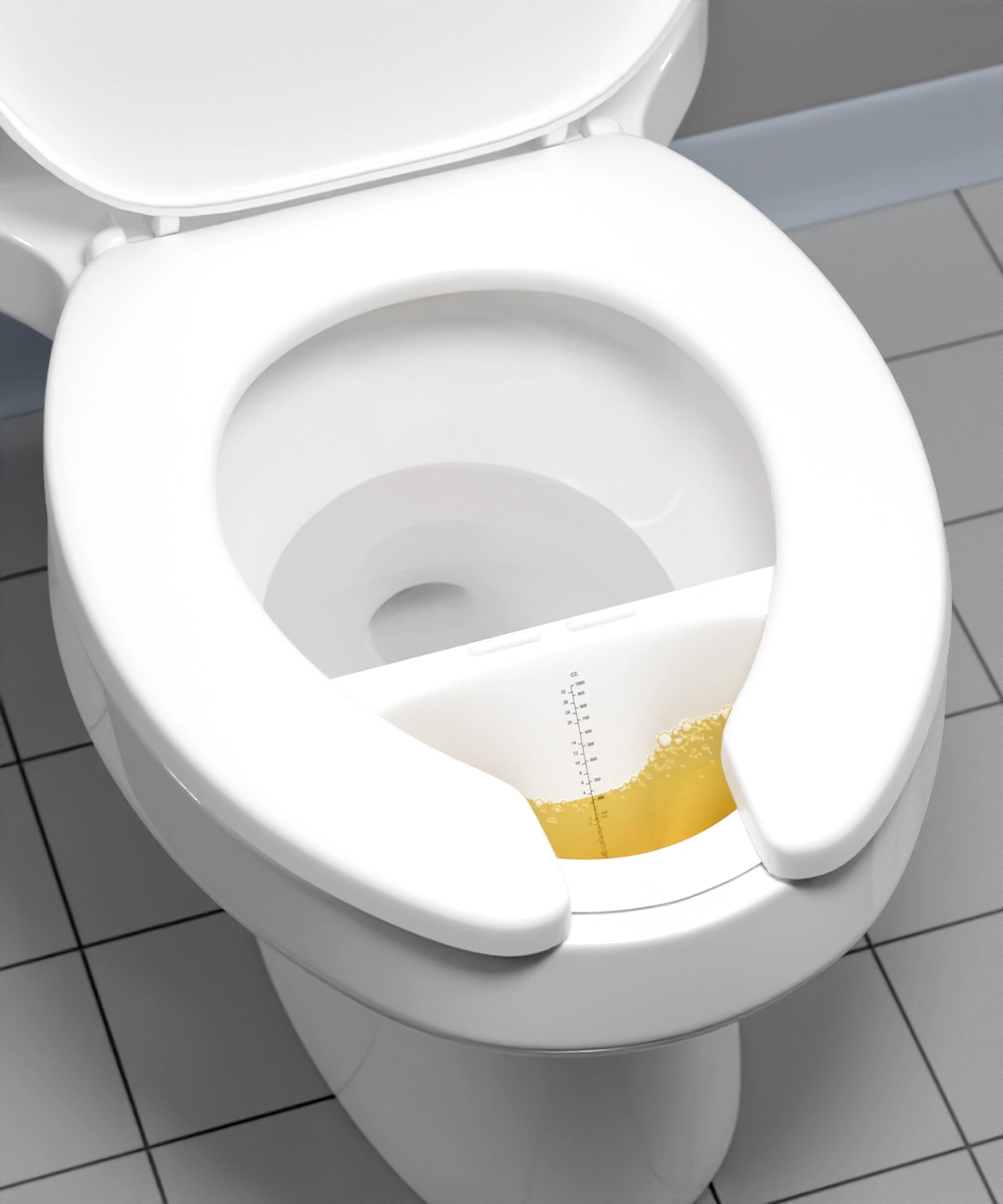A white toilet with an open lid has a urine collection container placed under the seat, catching yellow liquid. Measurement markings are visible on the container. The toilet is on a tiled floor with a white and gray color scheme. 3D medical illustration by Phoenix Pheasant / Phoenix Pleasant.