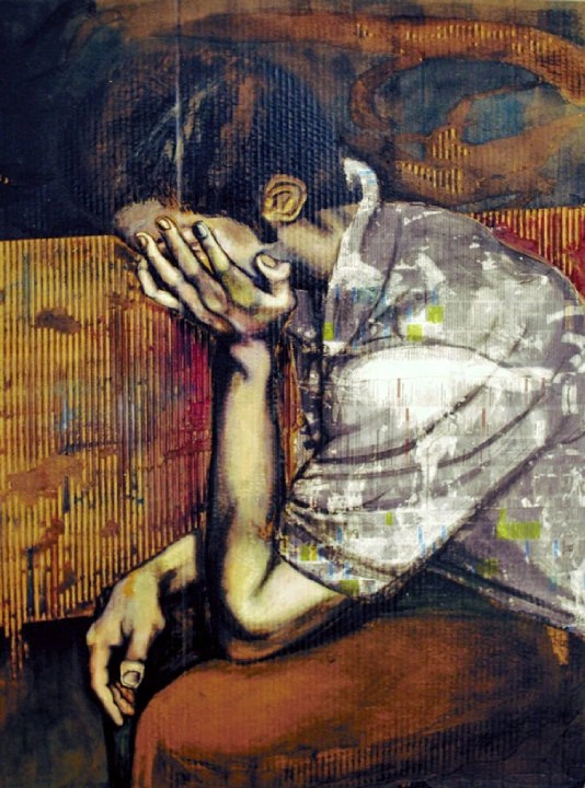Painting of a person sitting with their head resting on one hand, elbow on knee, and face hidden. The figure wears a patterned shirt and reddish-brown pants. The background is textured with earthy tones, creating a somber, contemplative mood. Mixed-media portrait by Phoenix Pheasant / Phoenix Pleasant.