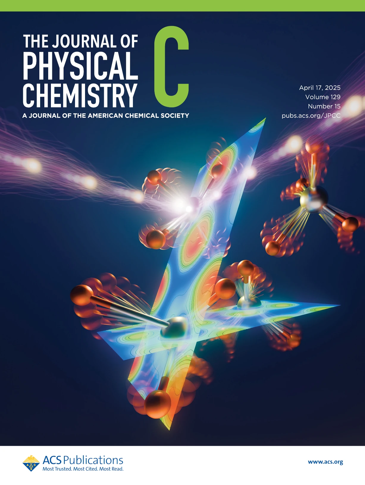 Cover of The Journal of Physical Chemistry C featuring a colorful, abstract scientific illustration with molecular and atomic elements on a blue background. 3D scientific illustration by Phoenix Pheasant / Phoenix Pleasant.